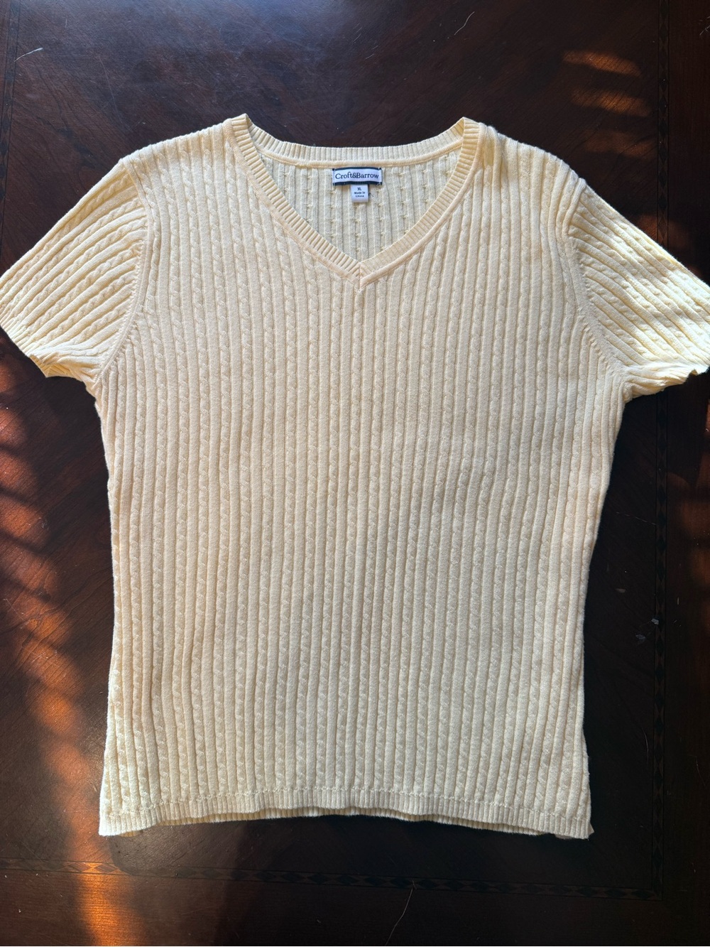 croft & barrow Pale Yellow Ribbed V-Neck Short Sleeve Top